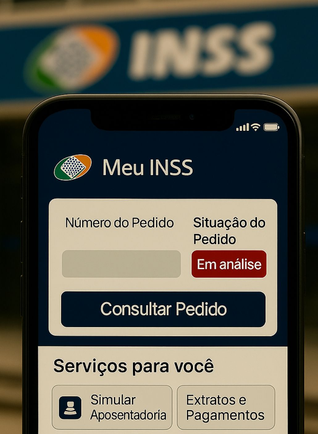 Meu INSS App mostrando 'Em análise'